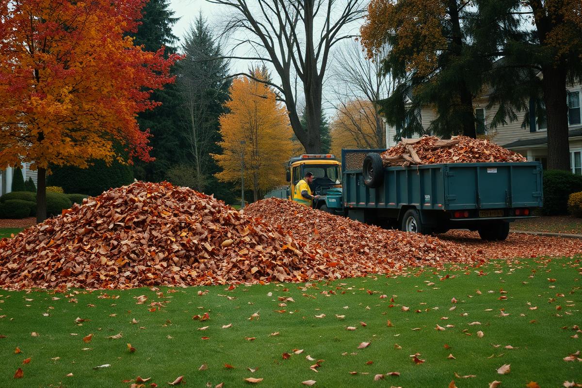 Crew hauling away piles of autumn leaves from a residential lawn